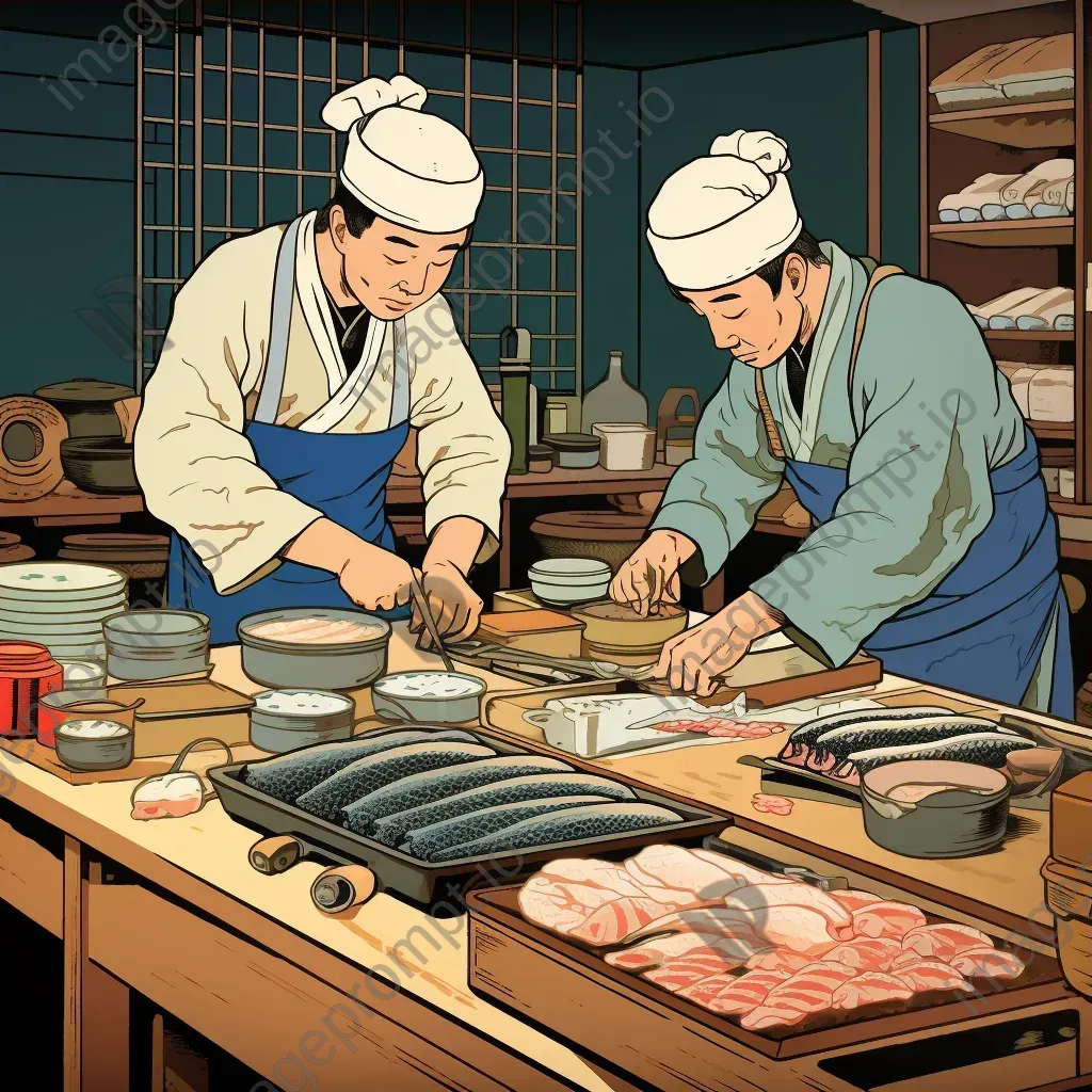 Ukiyo-e style woodblock print of sushi preparation - Image 3