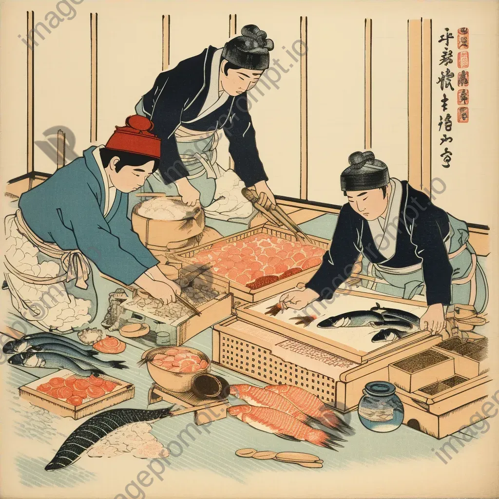 Ukiyo-e style woodblock print of sushi preparation - Image 4