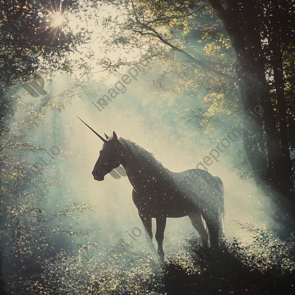 Pointillist painting of a unicorn appearing from the fog in a sunlight-dappled forest - Image 1