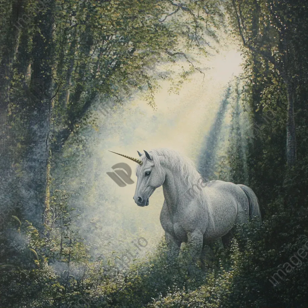 Pointillist painting of a unicorn appearing from the fog in a sunlight-dappled forest - Image 2