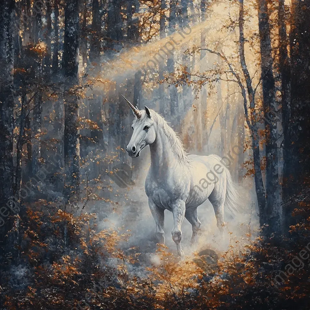 Pointillist painting of a unicorn appearing from the fog in a sunlight-dappled forest - Image 3