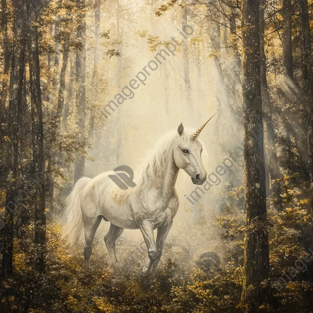 Pointillist painting of a unicorn appearing from the fog in a sunlight-dappled forest - Image 4