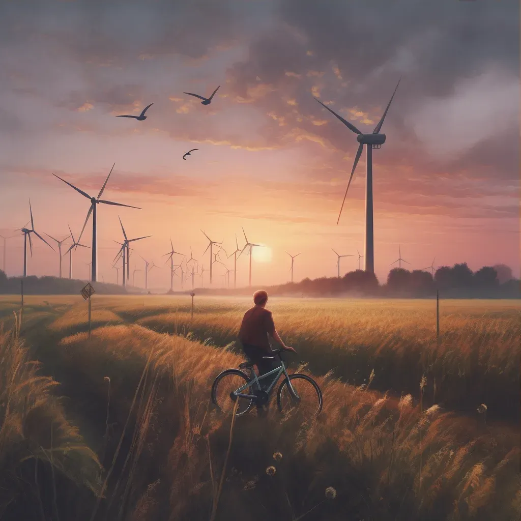 Man biking past wind turbines at sunset - Image 3