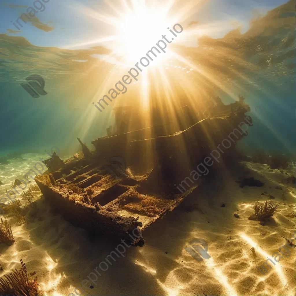 Shattered remnants of shipwreck with light rays underwater - Image 1