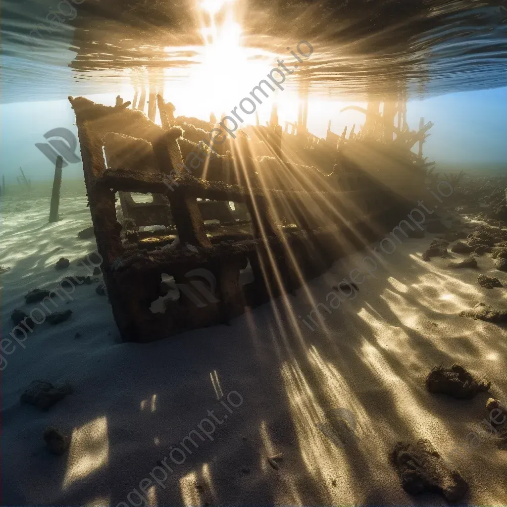 Shattered remnants of shipwreck with light rays underwater - Image 2