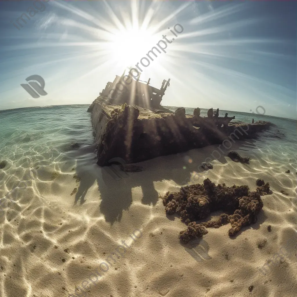 Shattered remnants of shipwreck with light rays underwater - Image 3