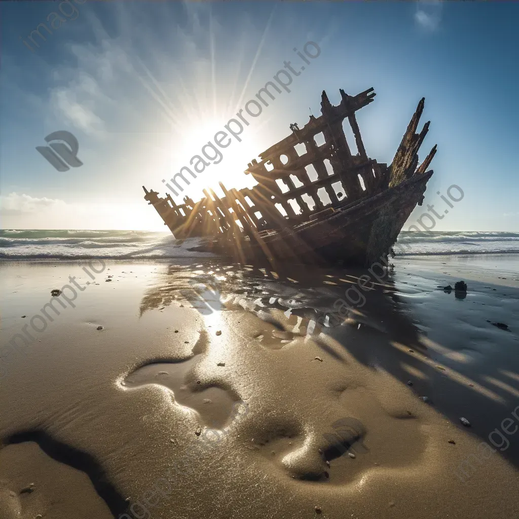 Shattered remnants of shipwreck with light rays underwater - Image 4