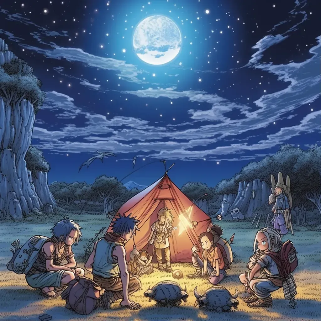 Group of adventurers setting up camp under starry night sky - Image 1