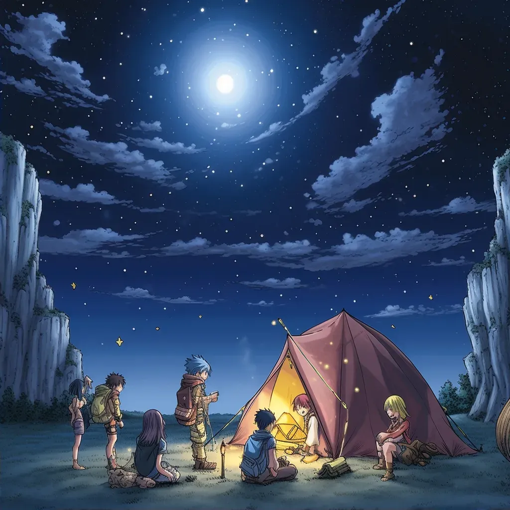 Group of adventurers setting up camp under starry night sky - Image 2