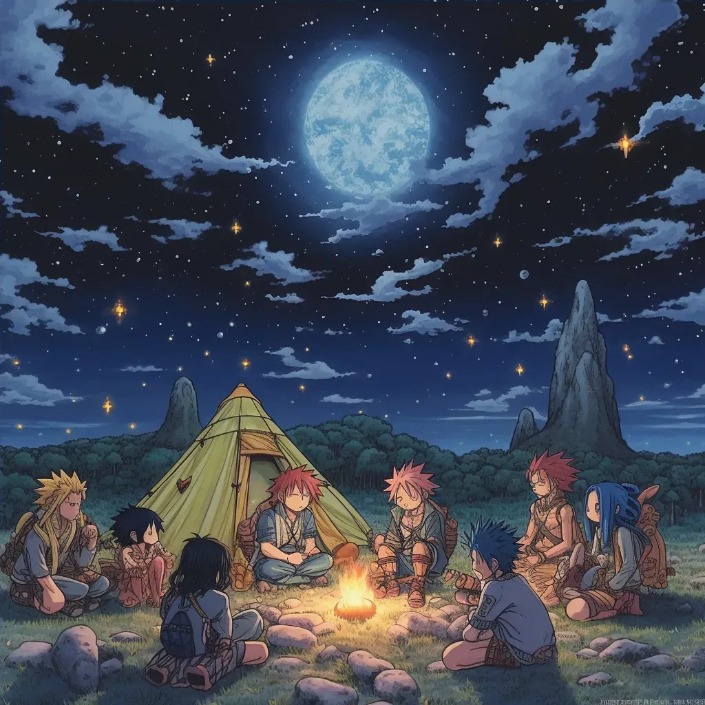 Group of adventurers setting up camp under starry night sky - Image 4