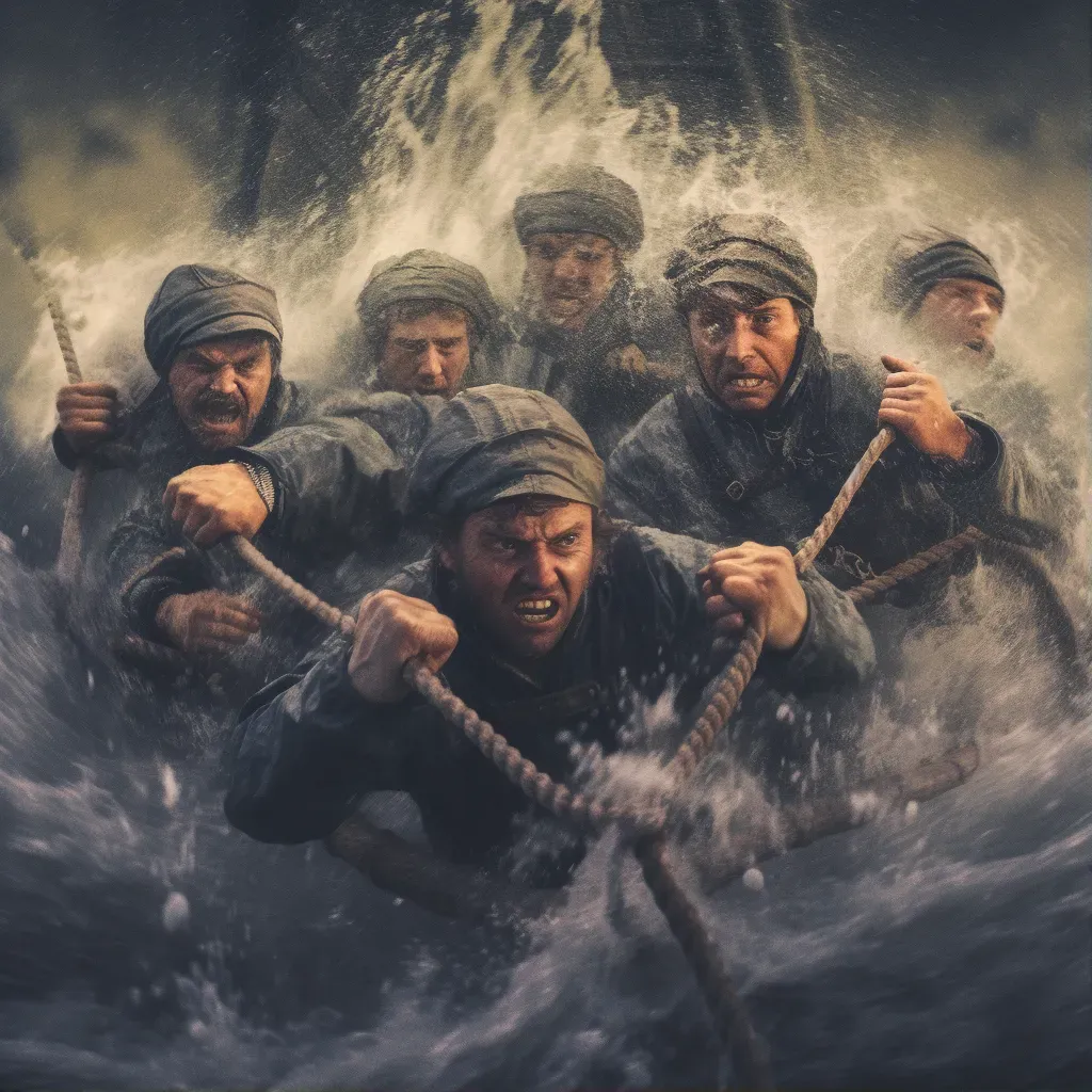 Image of sailors skillfully navigating through treacherous waters on their vessel - Image 1