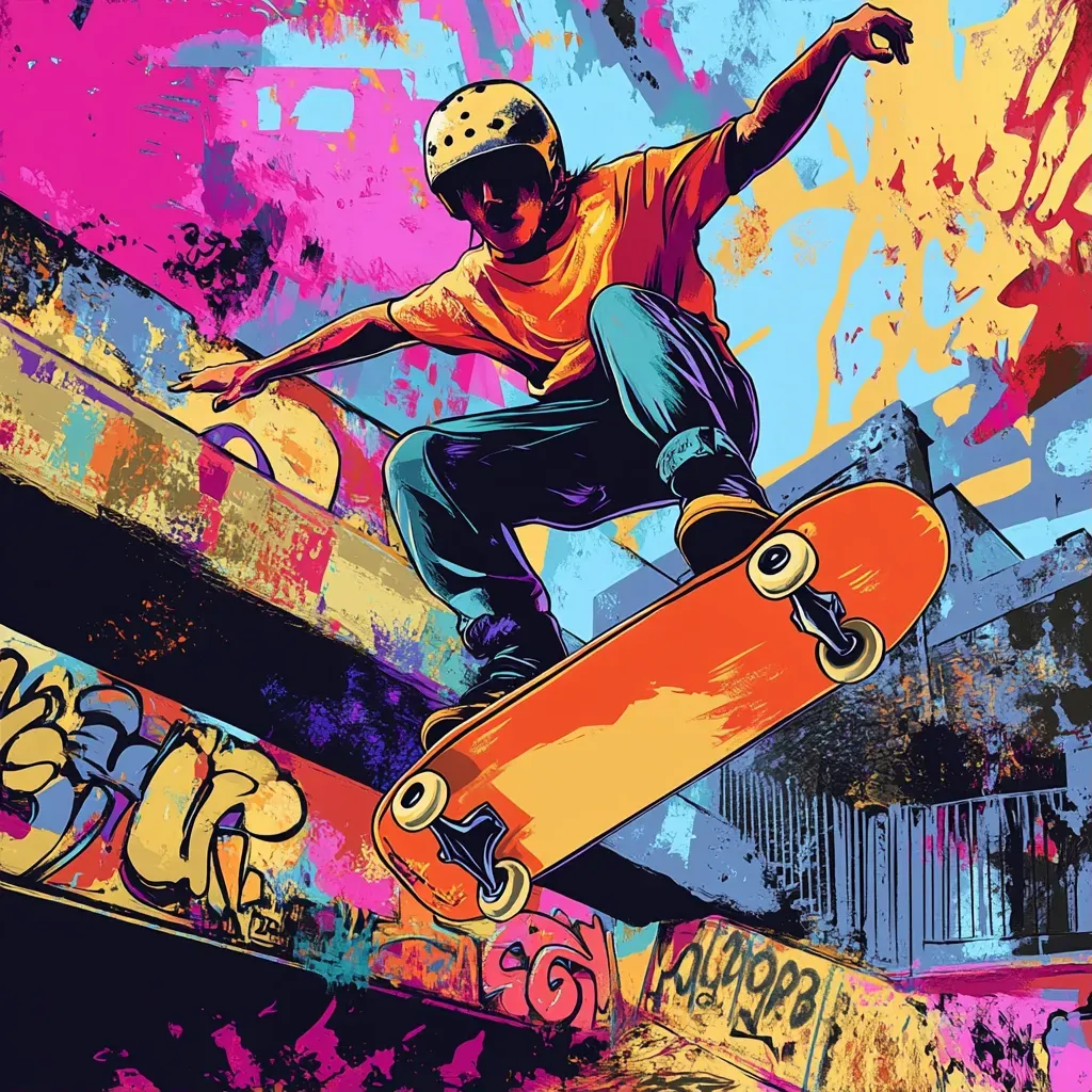 Dynamic pop art representation of a mid-air skateboard trick - Image 1