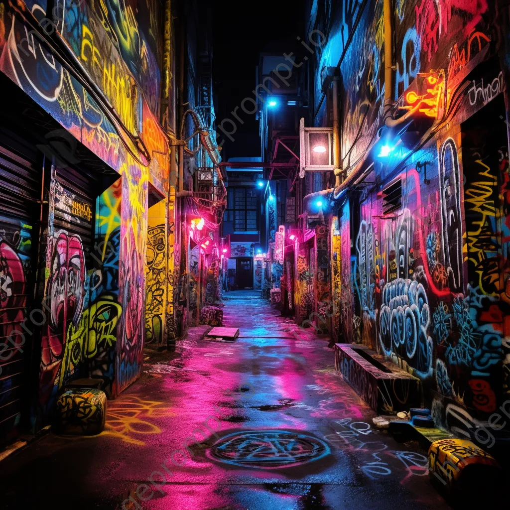 Colorful graffiti in a vibrant alleyway at night - Image 1