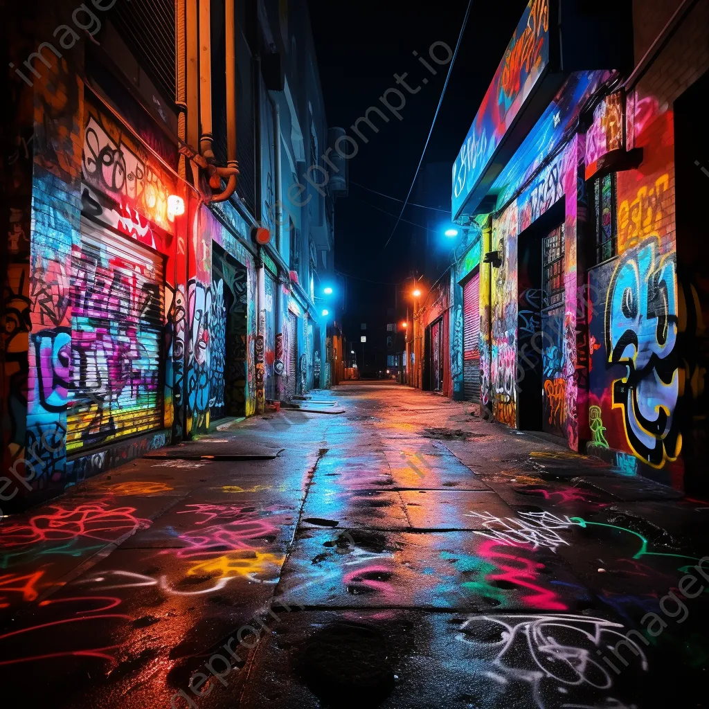 Colorful graffiti in a vibrant alleyway at night - Image 2