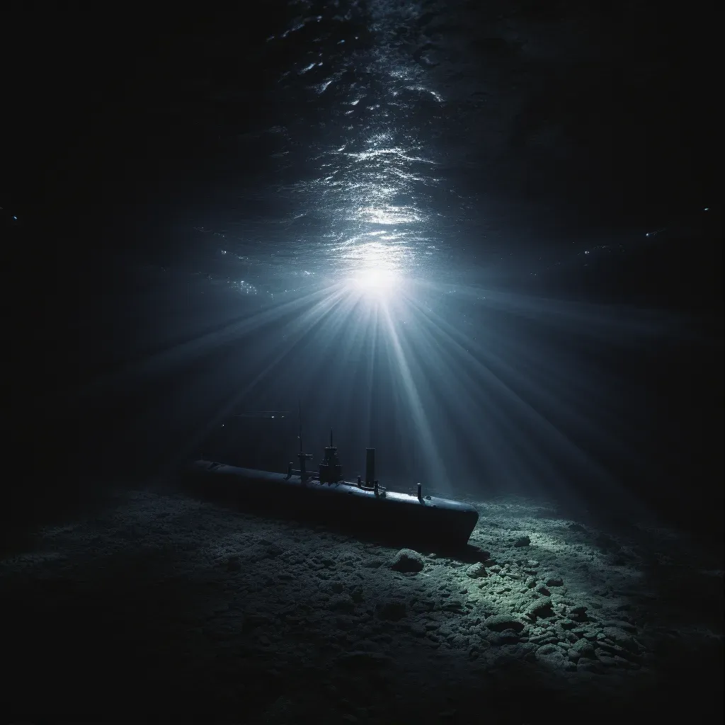 Submarine exploring deep ocean floor with bright lights - Image 1