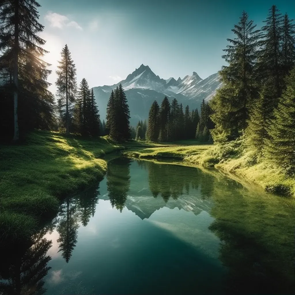 Clear mountain lake reflecting snow-capped peaks and evergreen forest - Image 1