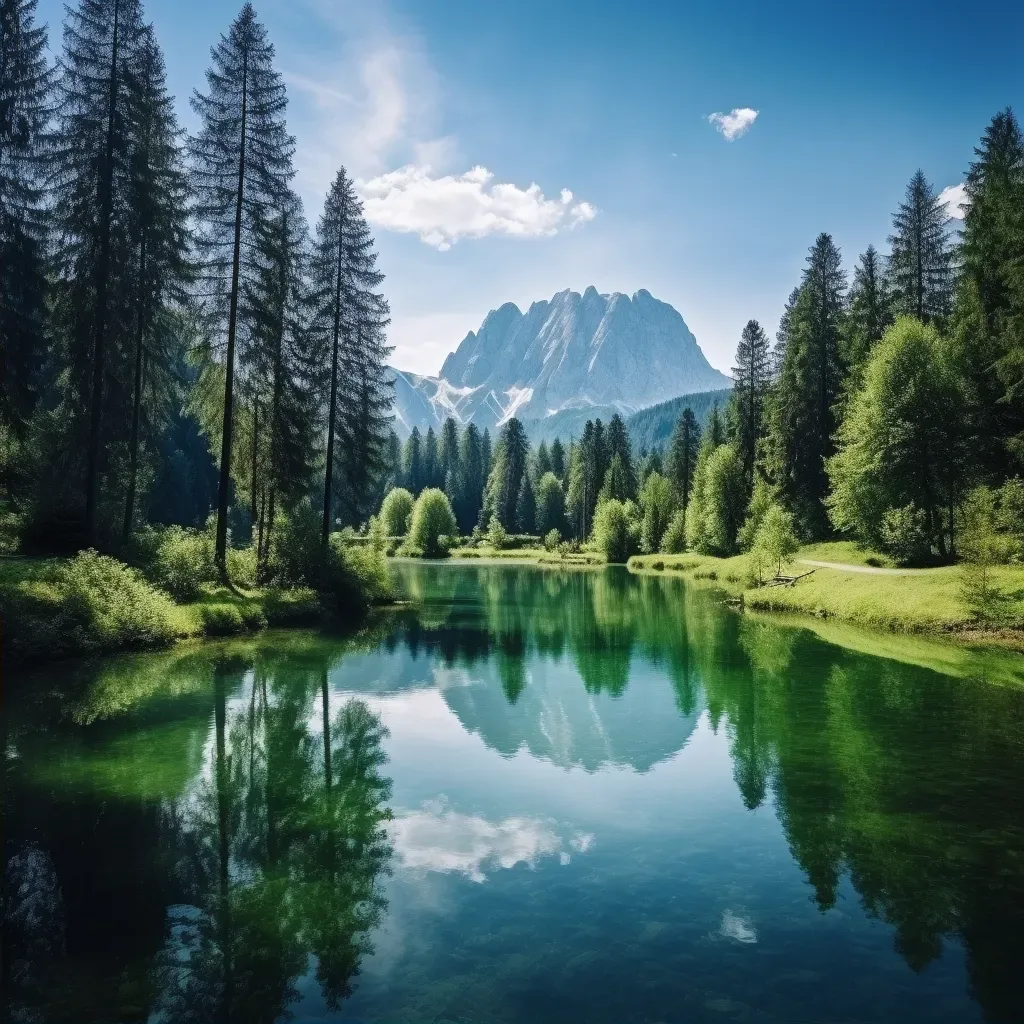 Clear mountain lake reflecting snow-capped peaks and evergreen forest - Image 2