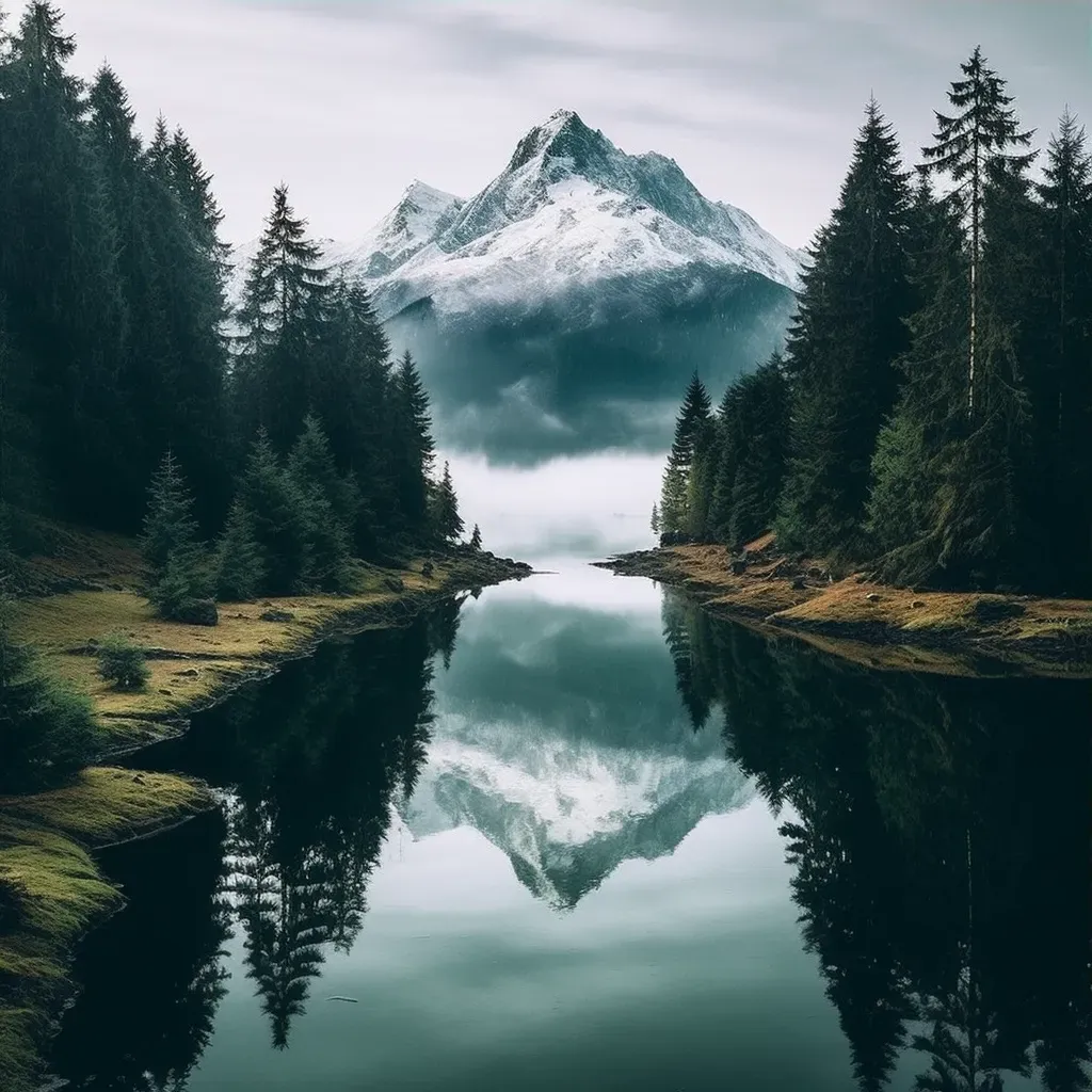 Clear mountain lake reflecting snow-capped peaks and evergreen forest - Image 3