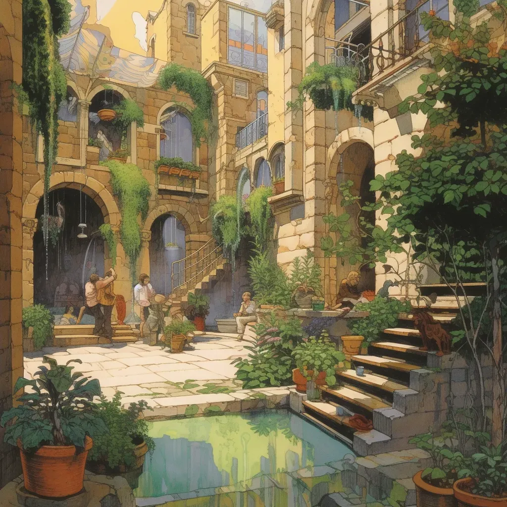 Tranquil urban courtyard with potted plants and stone fountains - Image 2