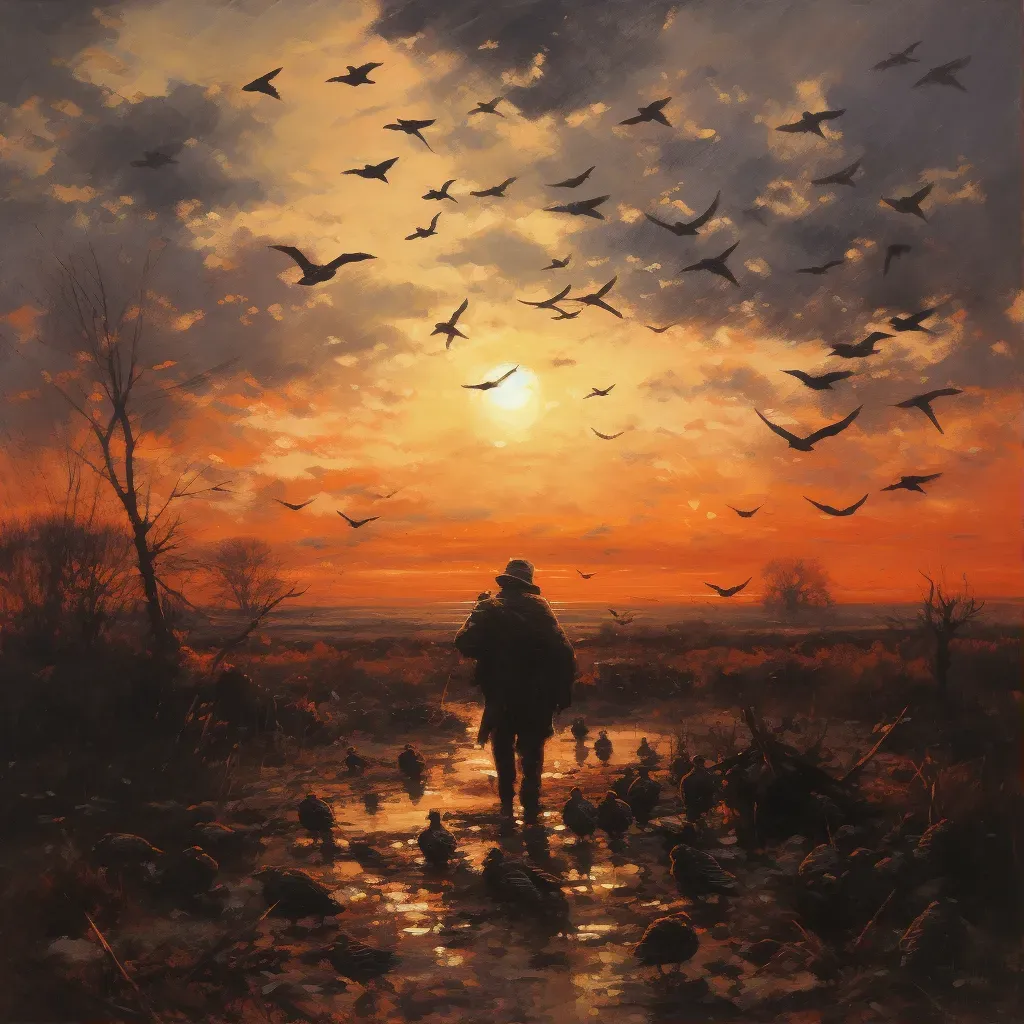 Artistic depiction of bird migration against sunset backdrop - Image 1