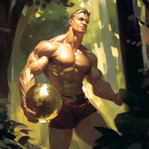 Muscular man with skin like polished bronze lifting a large stone in a lush forest under dappled sunlight - Image 1