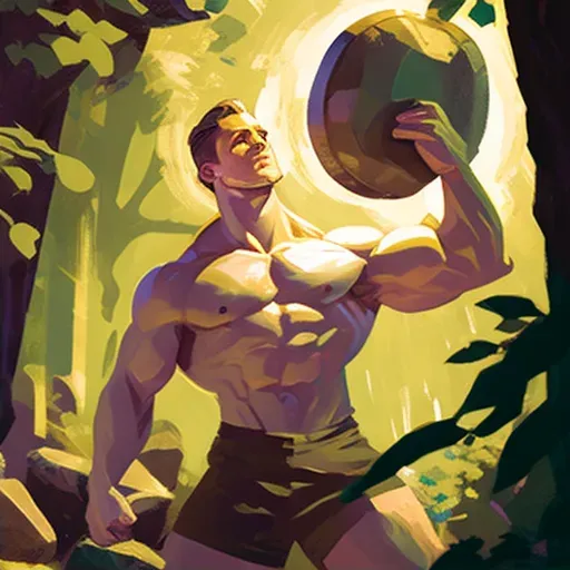 Muscular man with skin like polished bronze lifting a large stone in a lush forest under dappled sunlight - Image 2