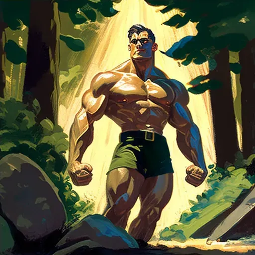 Muscular man with skin like polished bronze lifting a large stone in a lush forest under dappled sunlight - Image 4