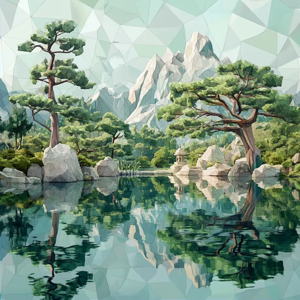 Tranquil low poly lake reflections in subtle gradient polygons - Image 2