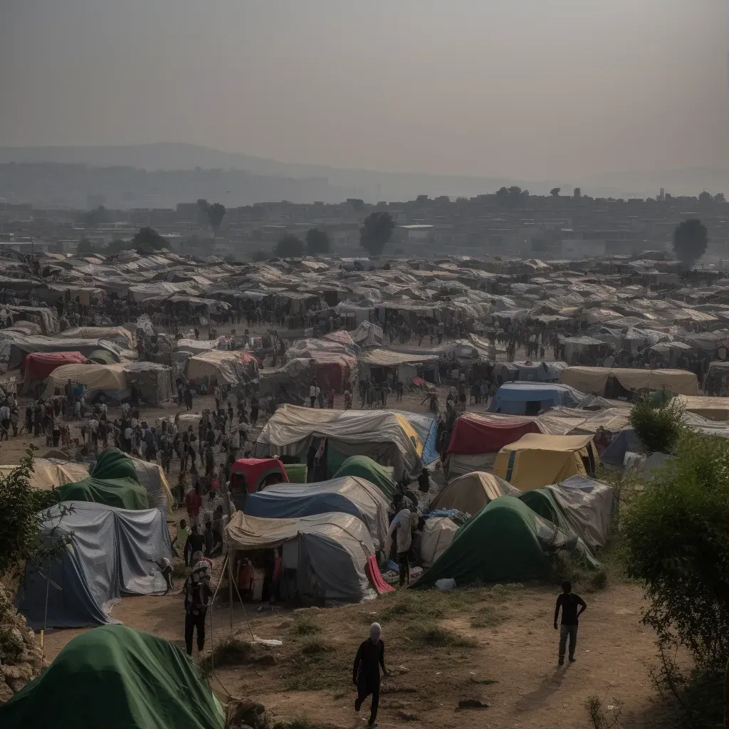 Overcrowded refugee camp with families in temporary shelters - Image 1