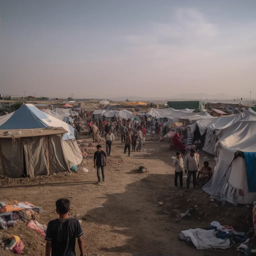 Overcrowded refugee camp with families in temporary shelters - Image 2