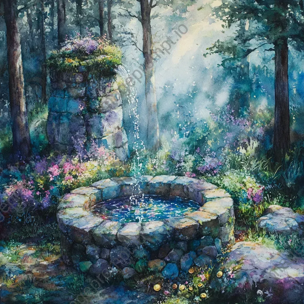 Peaceful rural scene of a stone well in a glade, filled with shimmering wishing coins - Image 1