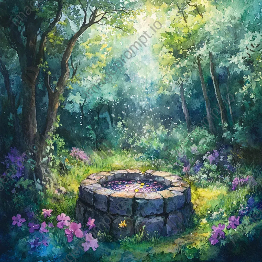 Peaceful rural scene of a stone well in a glade, filled with shimmering wishing coins - Image 2