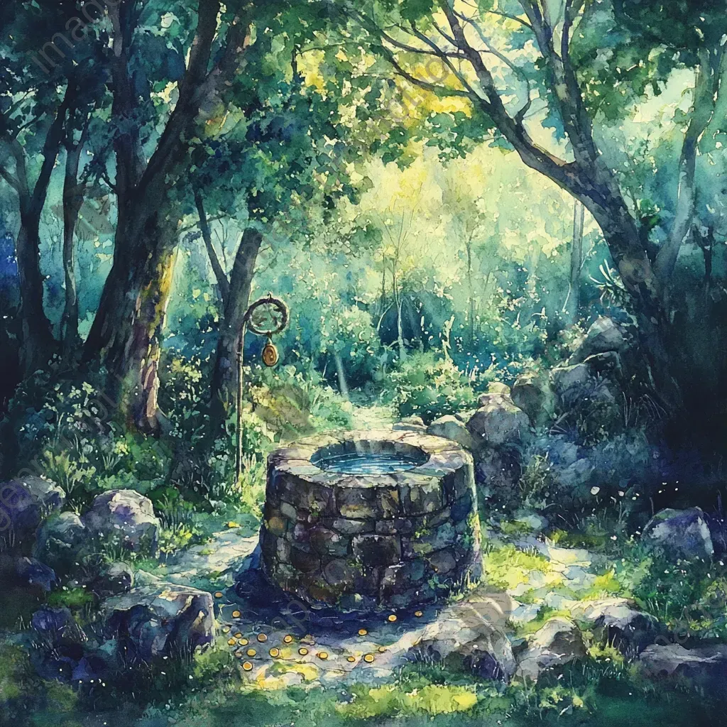 Peaceful rural scene of a stone well in a glade, filled with shimmering wishing coins - Image 3