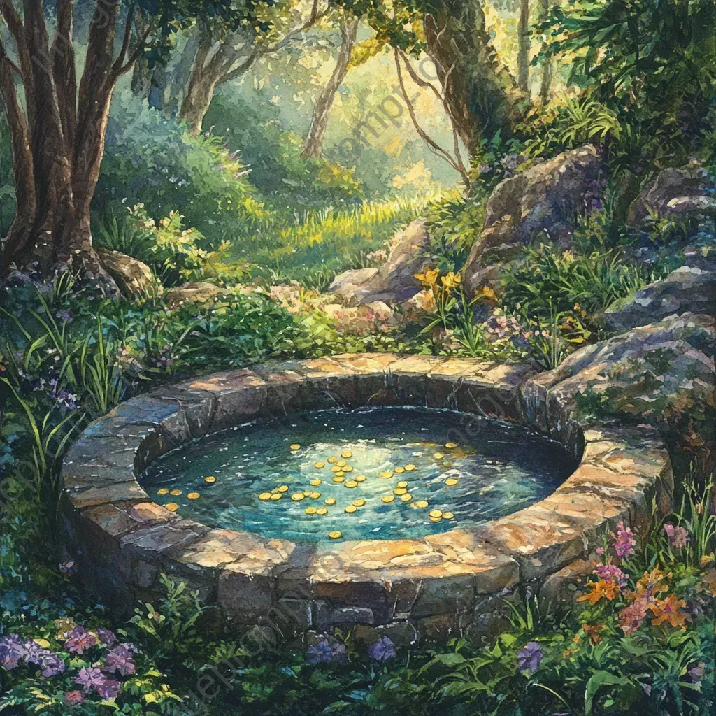 Peaceful rural scene of a stone well in a glade, filled with shimmering wishing coins - Image 4