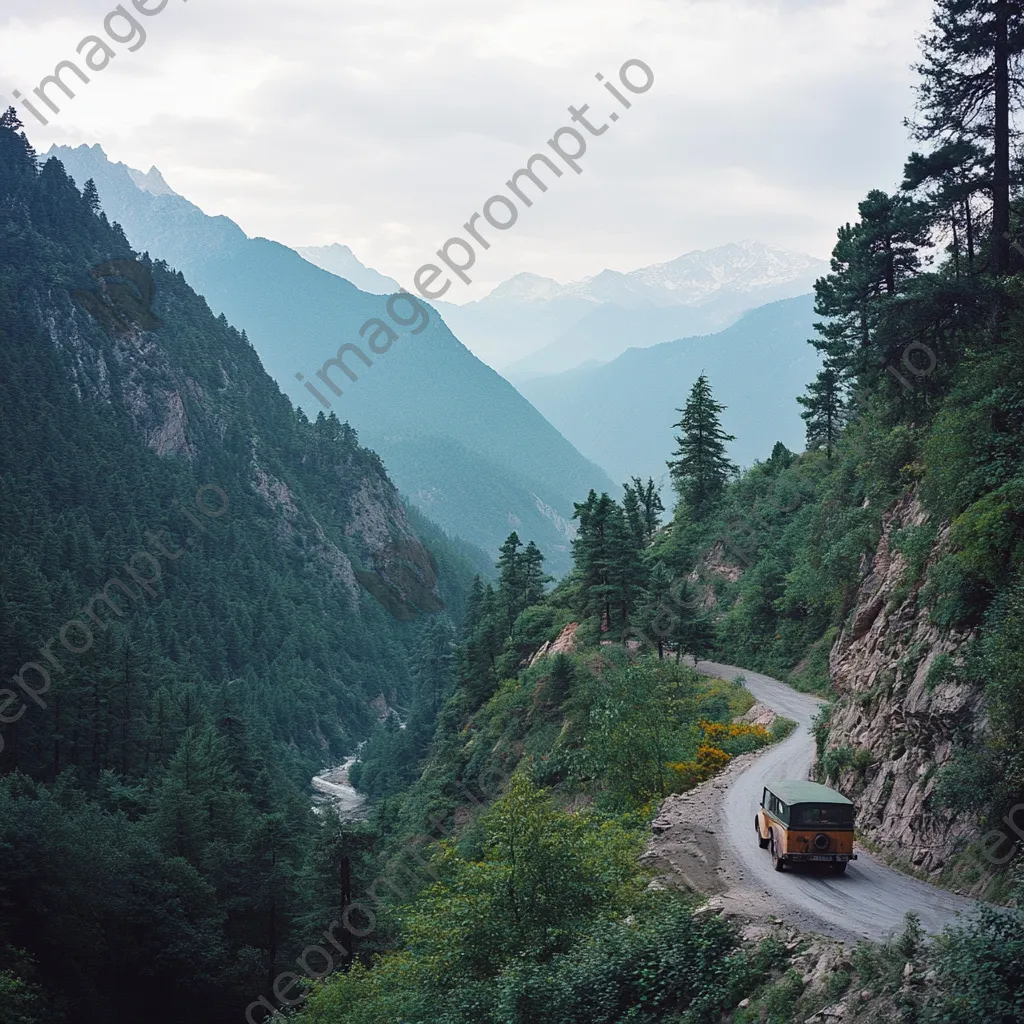 Antique vehicle on steep mountain pass with pine forests - Image 1