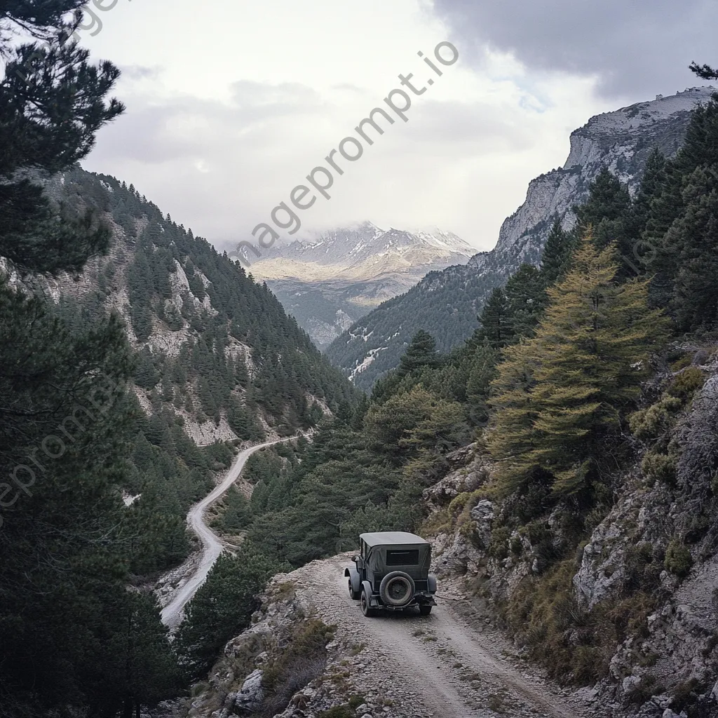 Antique vehicle on steep mountain pass with pine forests - Image 2