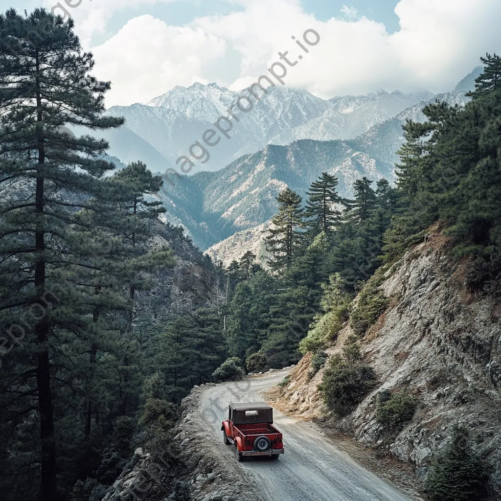 Antique vehicle on steep mountain pass with pine forests - Image 3