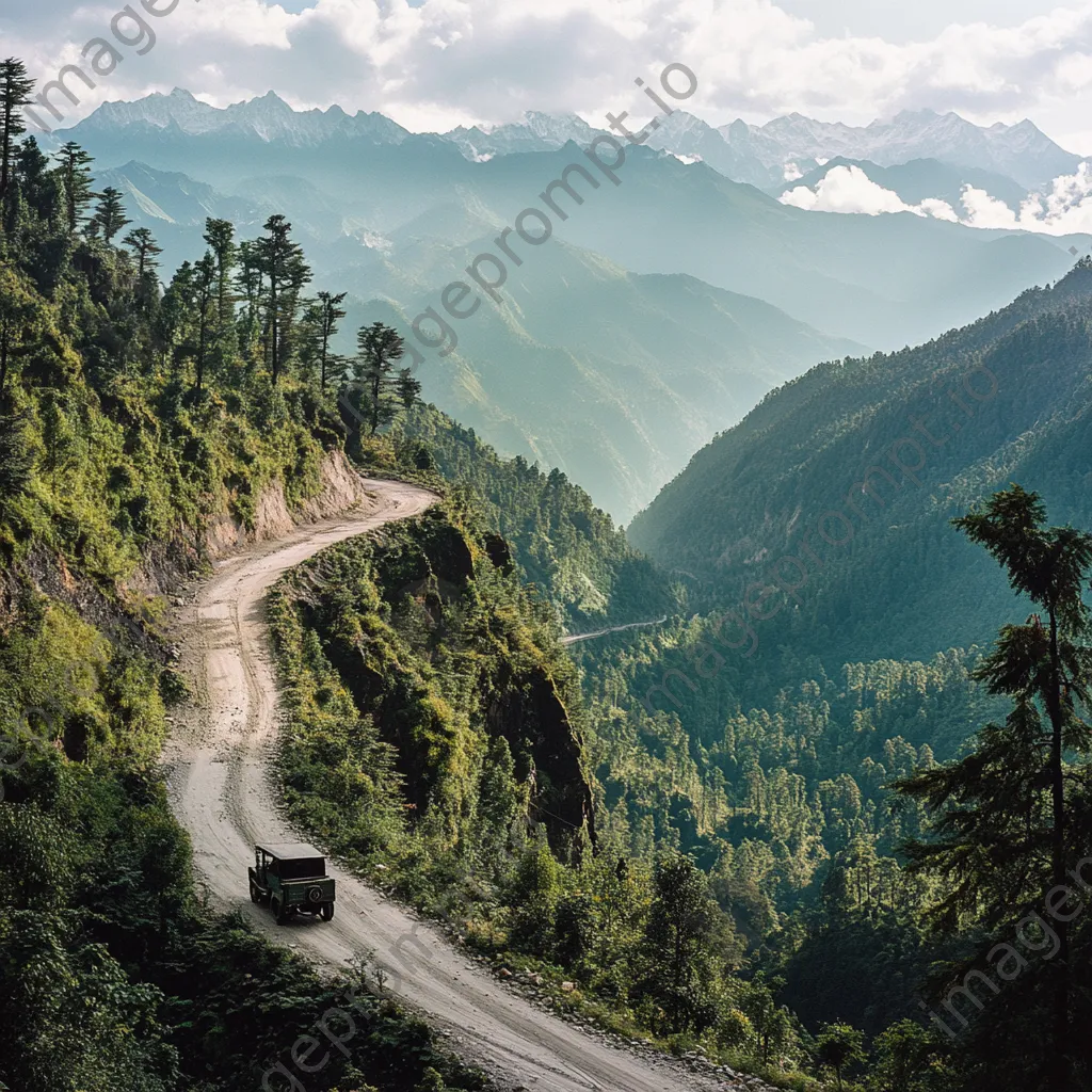 Antique vehicle on steep mountain pass with pine forests - Image 4