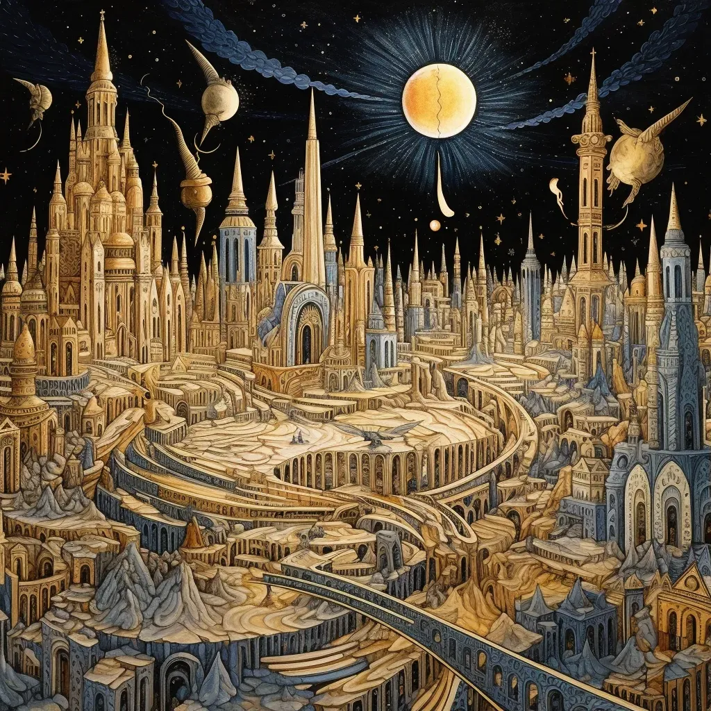 Celestial city in afterlife with golden spires and floating platforms - Image 1