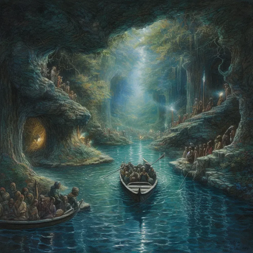 Underworld river with ethereal boats guided by a hooded ferryman - Image 1