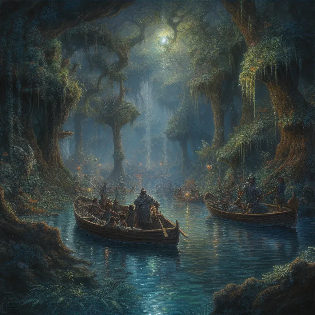 Underworld river with ethereal boats guided by a hooded ferryman - Image 3