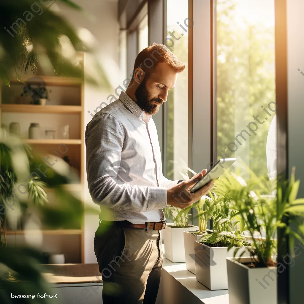 Man reviewing his digital calendar on a tablet in a modern office with plants. - Image 1