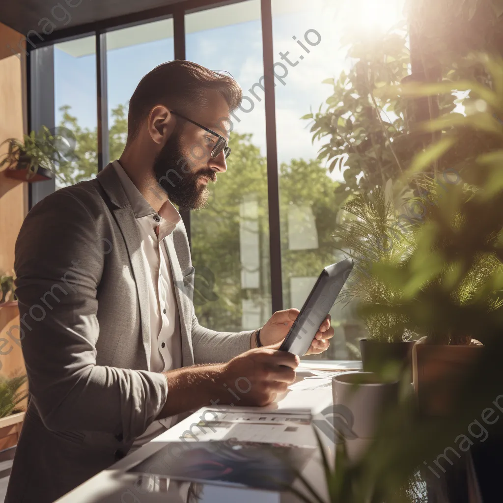 Man reviewing his digital calendar on a tablet in a modern office with plants. - Image 2