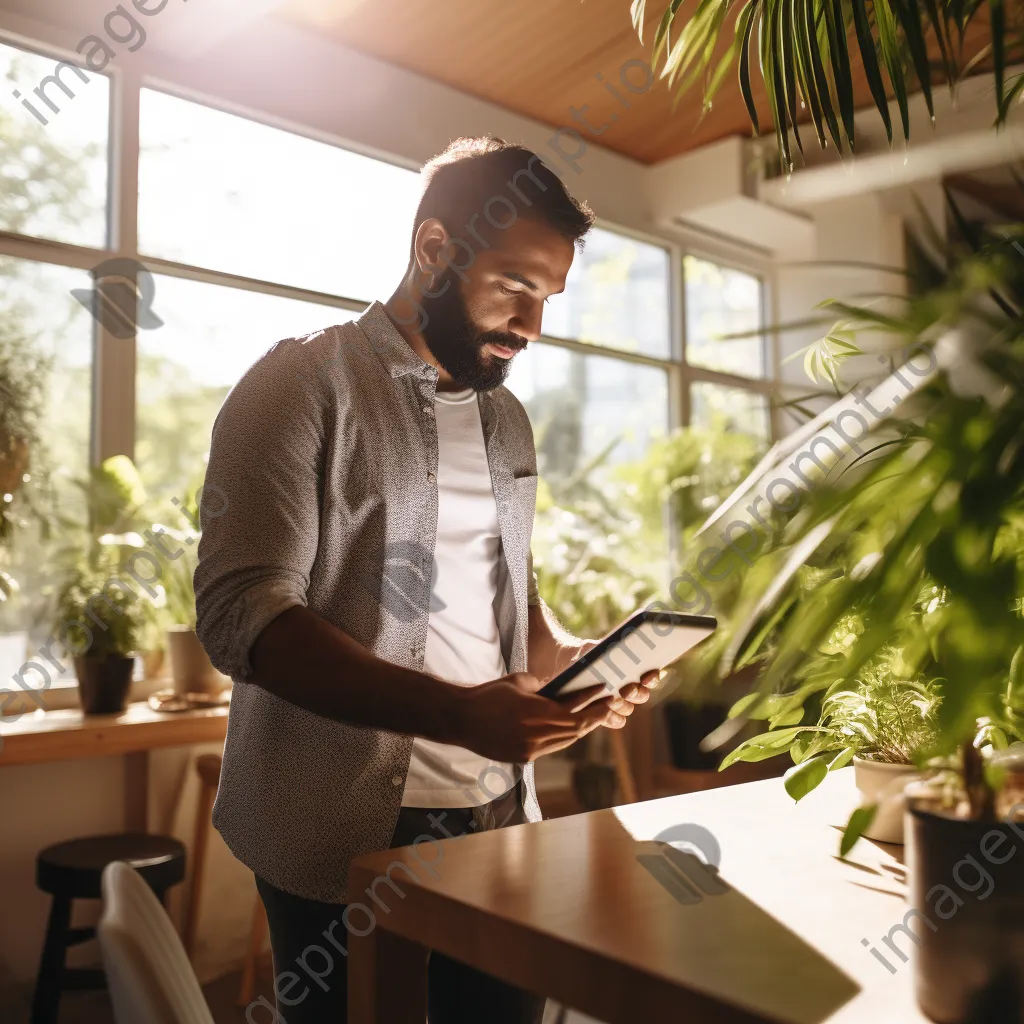 Man reviewing his digital calendar on a tablet in a modern office with plants. - Image 4