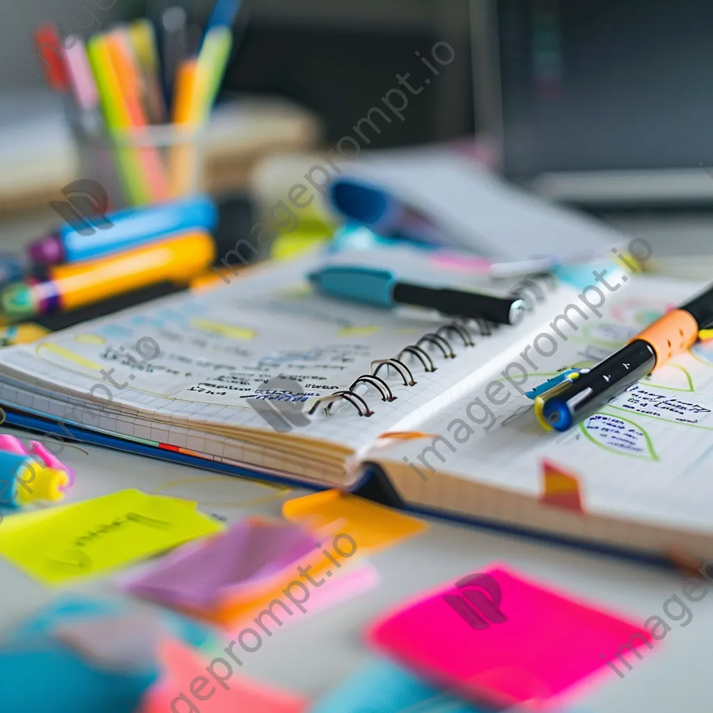 Close-up of colorful study notes with stationery on a desk. - Image 1