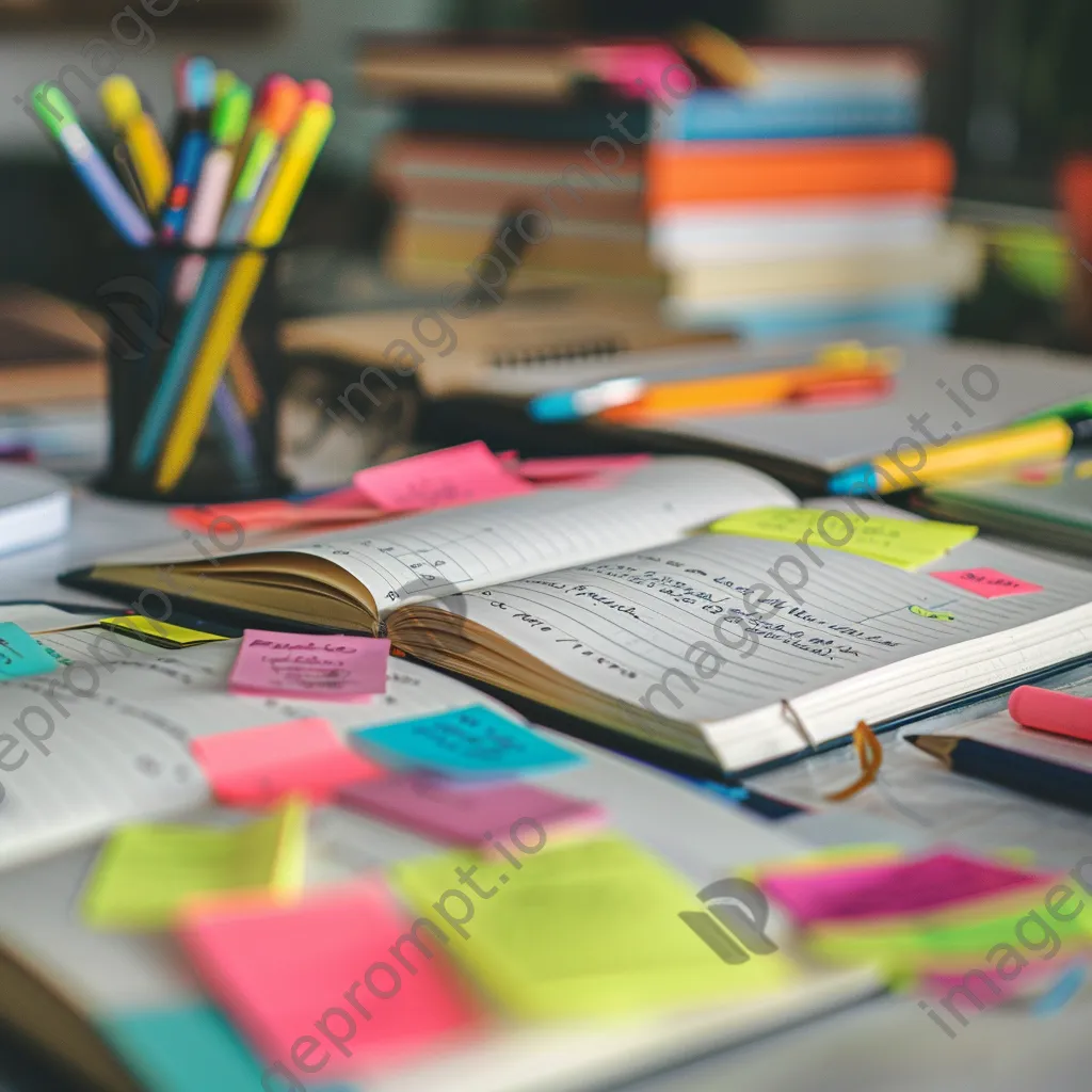 Close-up of colorful study notes with stationery on a desk. - Image 3