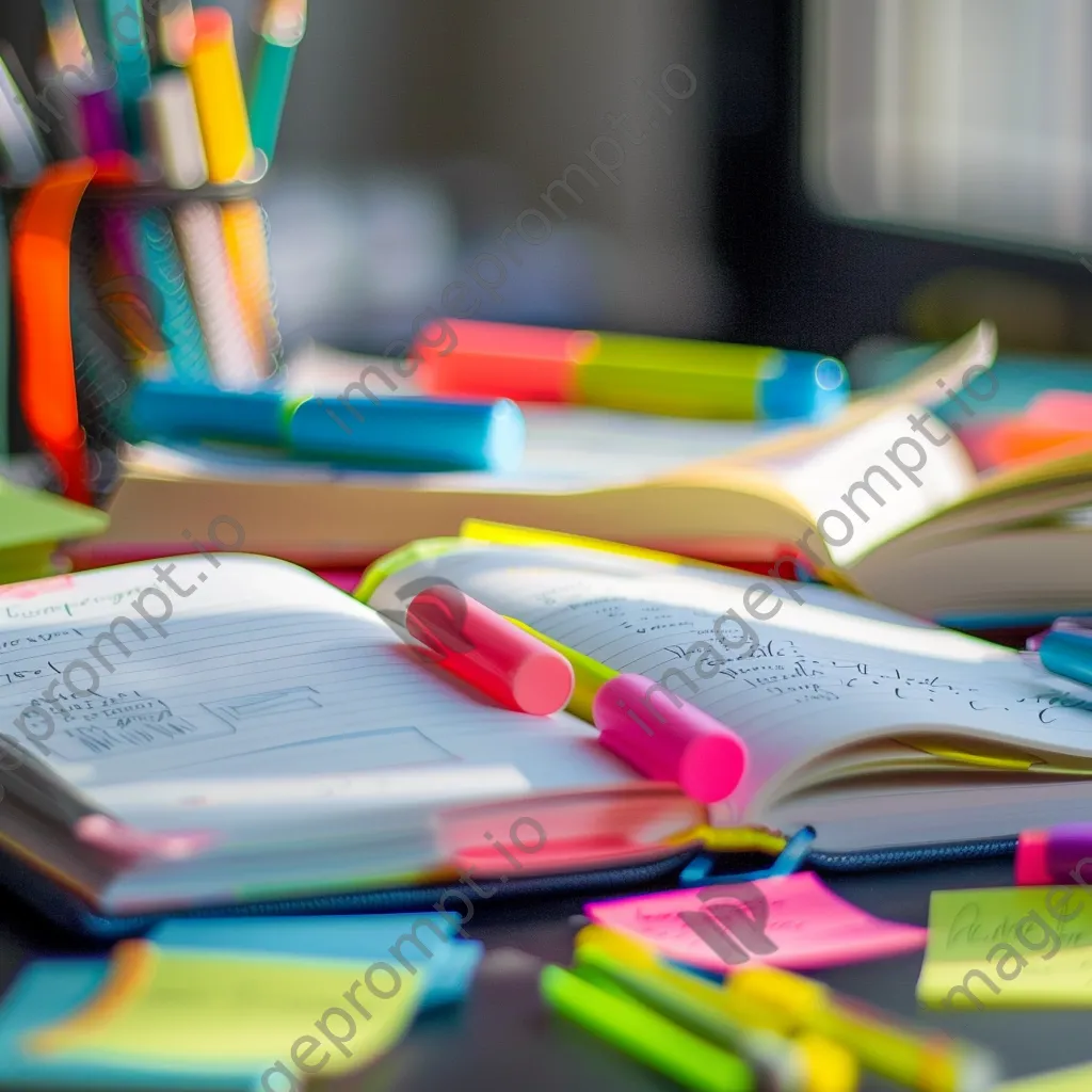 Close-up of colorful study notes with stationery on a desk. - Image 4