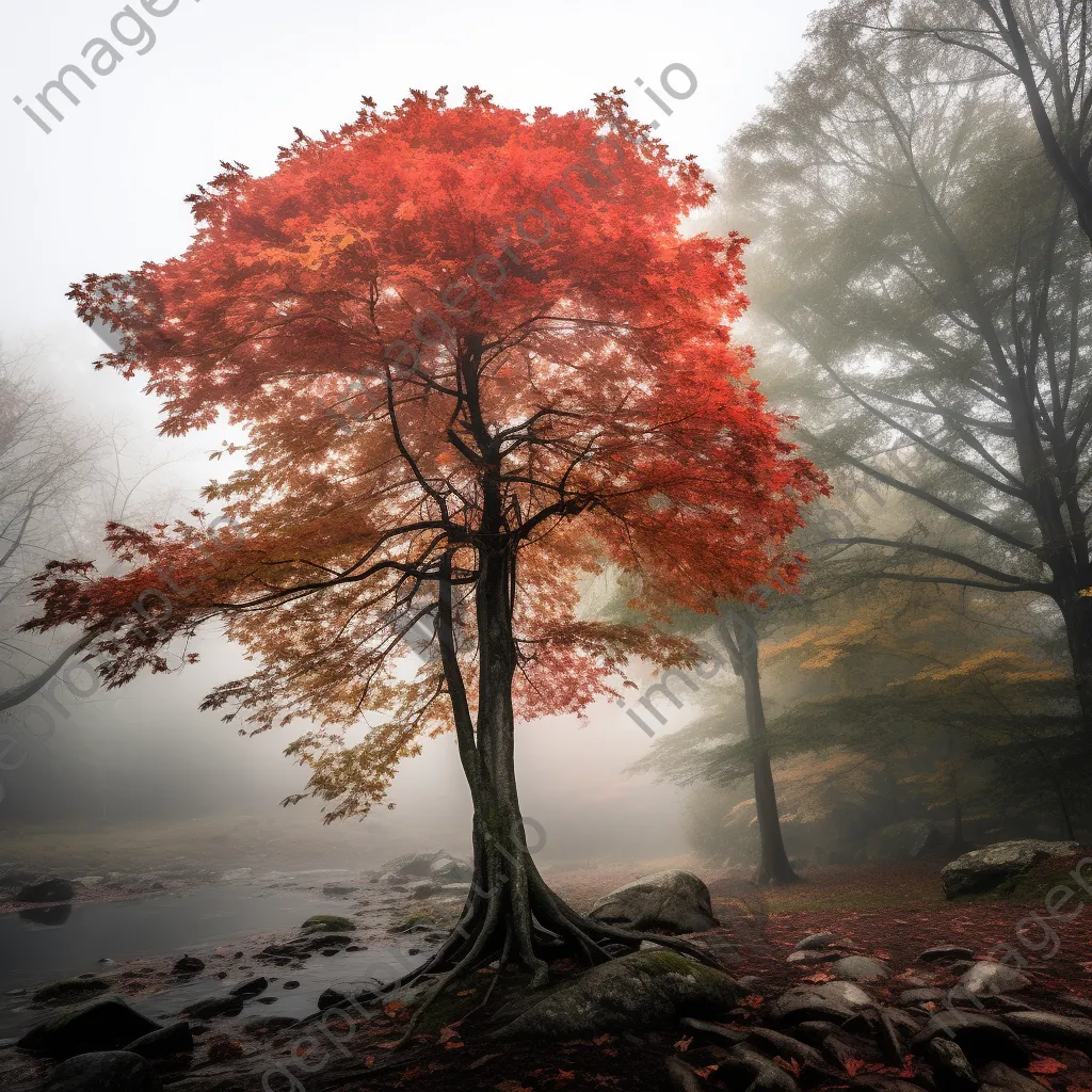 Maple tree with autumn leaves in foggy forest - Image 1