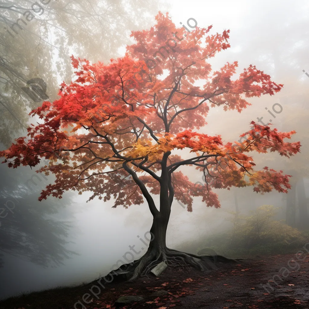 Maple tree with autumn leaves in foggy forest - Image 2