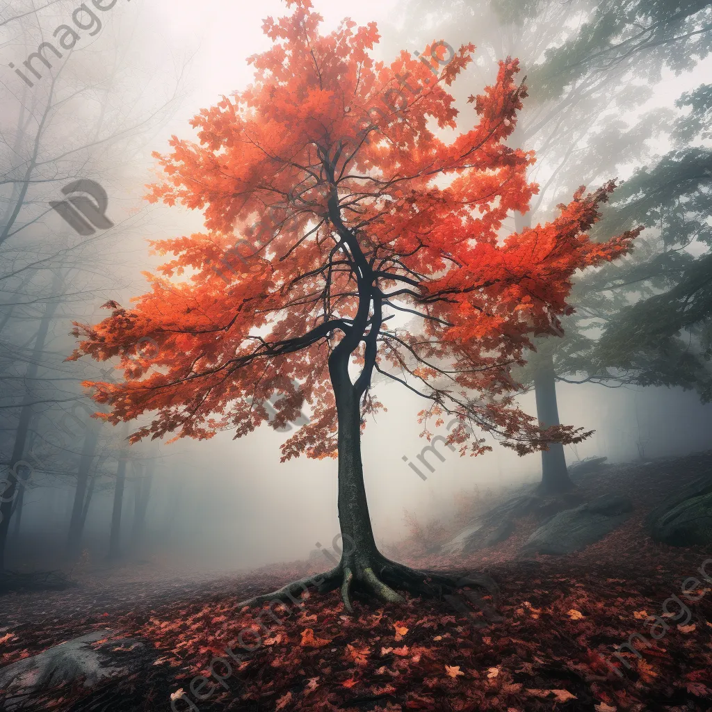 Maple tree with autumn leaves in foggy forest - Image 4